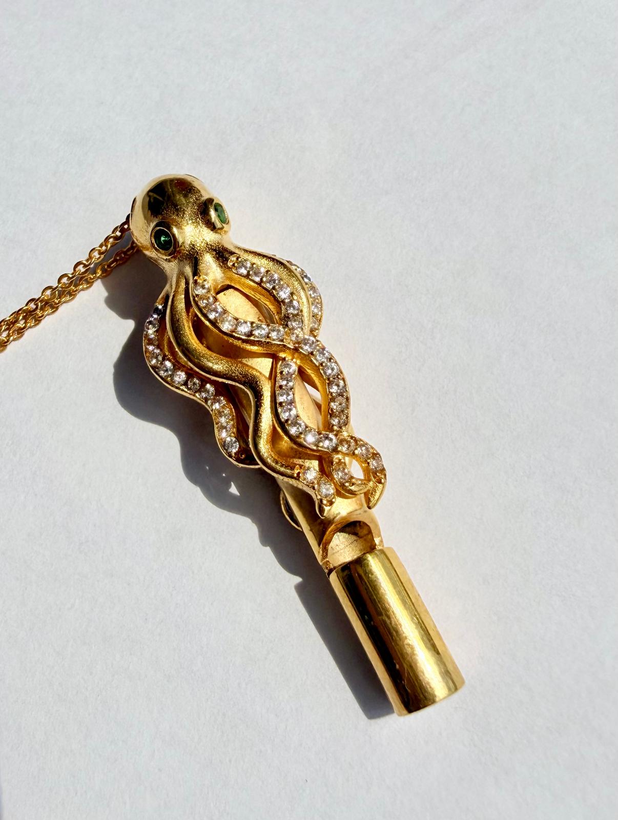 Gold plated Octopus whistle necklace with stone details